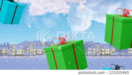 Image of presents over sky with clouds and winter landscape Image of presents over sky with clouds and winter landscape 121030460