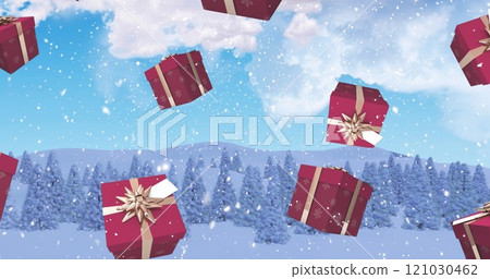 Image of presents over sky with clouds and winter landscape 121030462