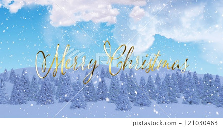 Image of merry christmas text over sky with clouds and winter landscape Image of merry christmas text over sky with clouds and winter landscape 121030463