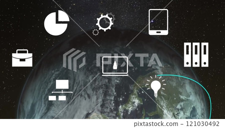 Image of icons and data processing over globe 121030492