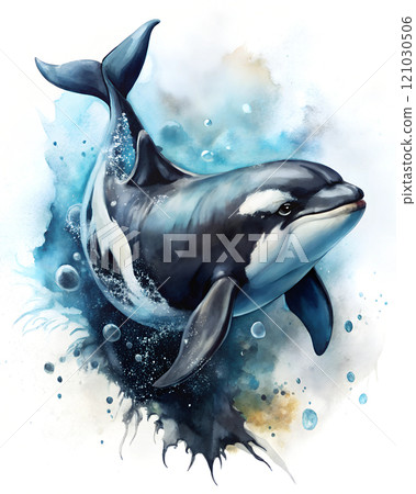 Illustration with killer whale and splashes. Paint and watercolor style 121030506
