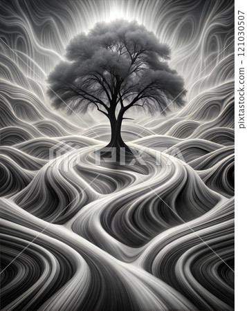 Abstract monochrome illustration with a single tree and flowing graceful lines 121030507