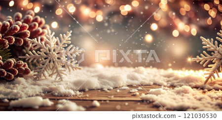 Abstract New Year background with fir branches, cones, snow with a dark yellow background 121030530