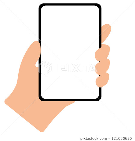 Illustration of a smartphone with a white screen held in the left hand on a white background Illustration of a smartphone with a white screen held in the left hand on a white background 121030650