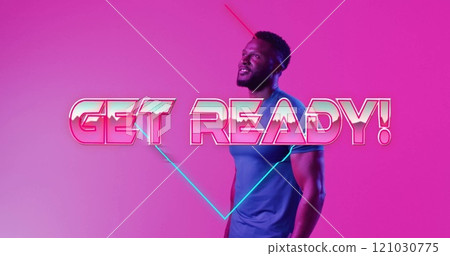 Get Ready text image over person holding tennis racket in neon pink background Get Ready text image over person holding tennis racket in neon pink background 121030775
