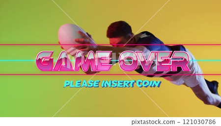 Game over please insert coin image over man in colorful background Game over please insert coin image over man in colorful background 121030786