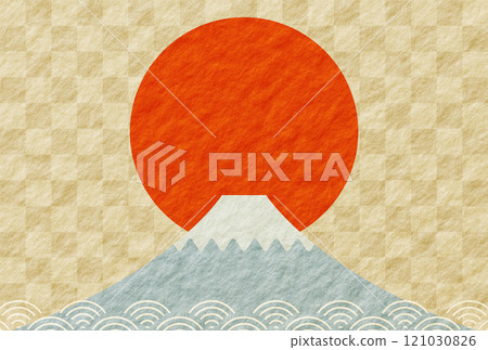 2025 New Year's Day First sunrise and Mt. Fuji New Year's card Japanese paper background 121030826
