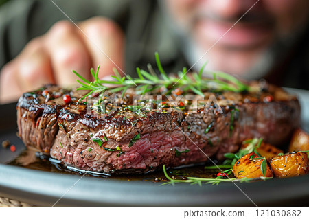 A man savoring a perfectly cooked medium rare steak at a cozy restaurant during dinner time 121030882