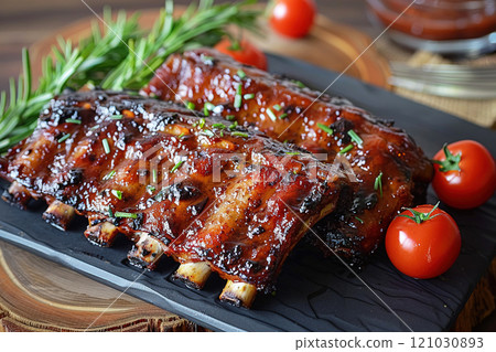 Deliciously grilled ribs garnished with herbs and tomatoes on a rustic wooden table 121030893