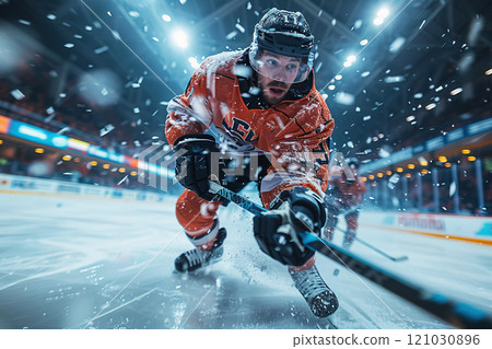 Hockey players actively play a sport game with sticks and a puck on the ice in a championship competition. 121030896
