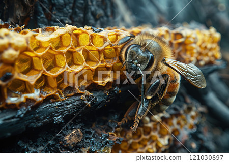 A close up of a honey bee working on honeycombs in nature during the afternoon. Header banner mockup with copy space. 121030897