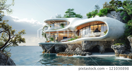 House on a cliff by the sea, modern European architectural design, panoramic windows. 121030898