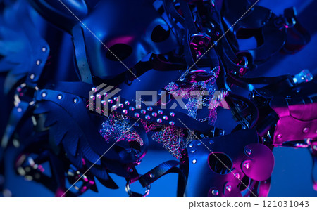 A set of erotic toys for BDSM. Sex slavery game with whip, choker and leather mask and belt for intimate sex games from a sex shop 121031043