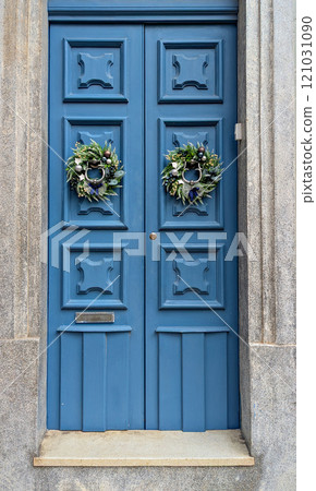 Festive Blue Double Door with Holiday Christmas Wreaths and Silver Accents Festive Blue Double Door with Holiday Christmas Wreaths and Silver Accents 121031090