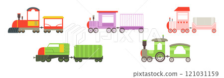Cute Train Toy with Wagon and Chimney Vector Set 121031159