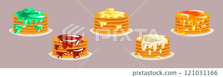 Pancakes with Delicious Toppings for Breakfast on Plate Vector Set 121031166