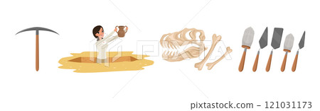 Woman at Archaeological Excavation with Tools Vector Set 121031173