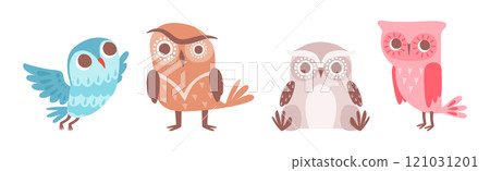 Cute Owl Bird with Feather and Wing Vector Set Cute Owl Bird with Feather and Wing Vector Set 121031201