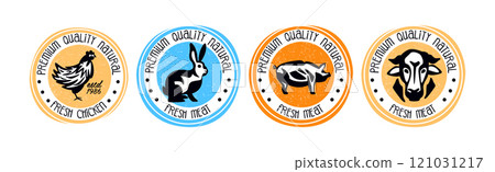 Farm Meat Label and Sticker with Fresh Cattle and Poultry Vector Set 121031217