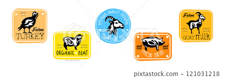 Farm Meat Label and Sticker with Fresh Cattle and Poultry Vector Set Farm Meat Label and Sticker with Fresh Cattle and Poultry Vector Set 121031218
