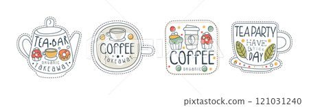 Takeaway Tea and Coffee Hand Drawn Label Vector Set Takeaway Tea and Coffee Hand Drawn Label Vector Set 121031240
