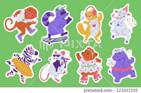 Vector illustration of dancing animals sticker set in bright colors on green isolated background. Vector illustration of dancing animals sticker set in bright colors on green isolated background. 121031335