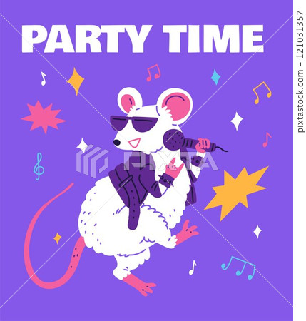 Cute rat with microphone in paw, dancing and singing. 121031357