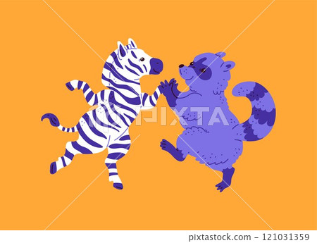 Cute happy zebra and raccoon dancing together, vector cartoon funny animals have fun on disco party, music entertainment 121031359