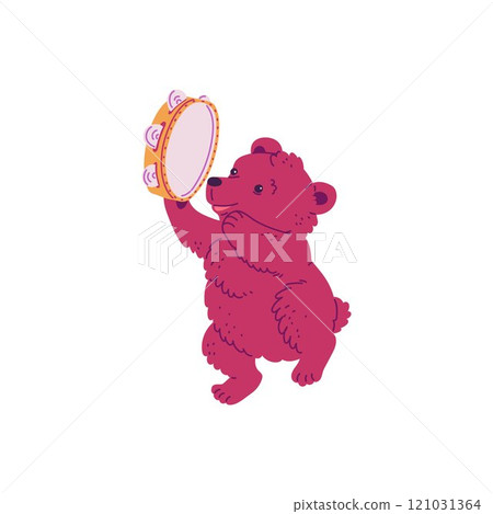 Cute fluffy bear dancing with tambourine, vector cartoon happy funny mammal have fun, music wild animal entertainment 121031364