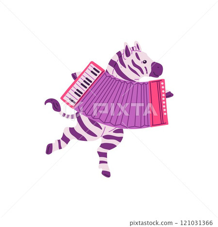 Dancing animals. Vector illustration of a dancing zebra with an accordion. 121031366