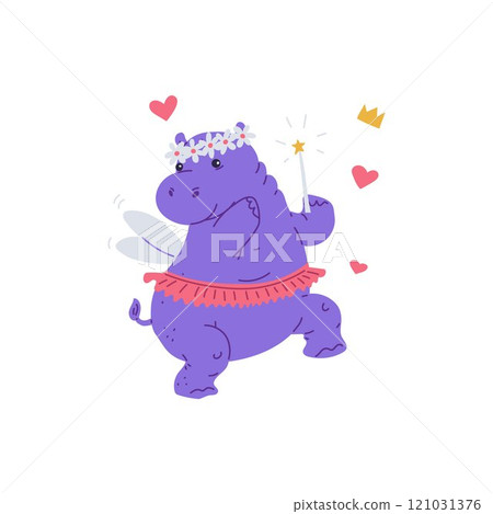 Cute hippopotamus girl with wings, magic wand, ballet tutu. Cute hippopotamus girl with wings, magic wand, ballet tutu. 121031376