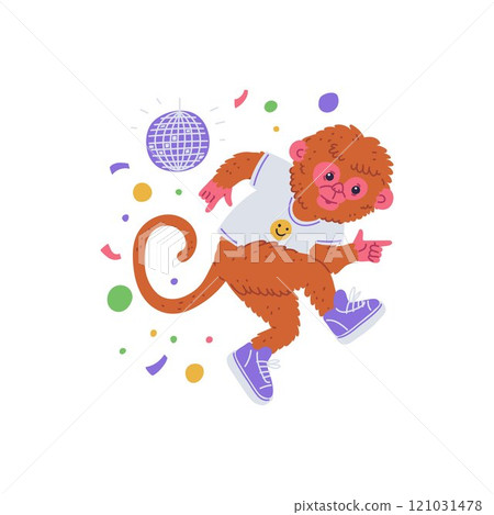 Vector illustration a dancing monkey in bright clothes, sneakers, with confetti and a disco ball. 121031478