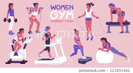 Women gym workout today vector poster, athlete girl on sport equipment, training on bike, treadmill, fitness exercises 121031482