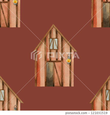 House, farm, barn or shed for storing grain, hay and tools. Seamless watercolor pattern. All objects are hand painted with watercolor. Suitable for wallpaper in a child's room, for textiles, printing House, farm, barn or shed for storing grain, hay and tools. Seamless watercolor pattern. All objects are hand painted with watercolor. Suitable for wallpaper in a child's room, for textiles, printing 121031519