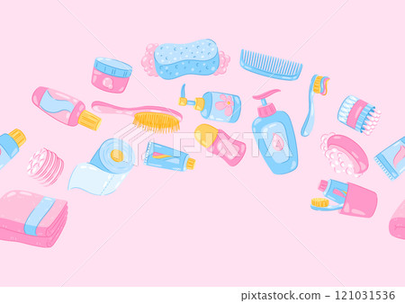Pattern with hygiene objects. Washing, beauty, body care. Personal hygiene and self care items. 121031536