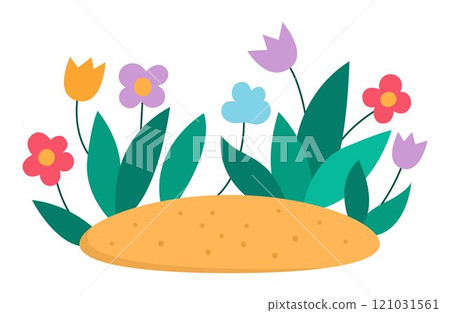 Vector spring or summer flower bed icon. Blooming plants illustration. Floral clip art. Cute flat floral bed or clearing isolated on white background. 121031561