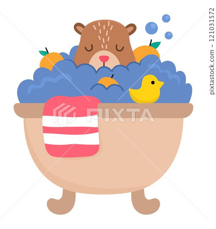Vector capybara icon. Cute capibara taking bath with tangerines and little duck with closed eyes. Funny happy animal illustration isolated on white background. Comic trendy guinea pig clipart Vector capybara icon. Cute capibara taking bath with tangerines and little duck with closed eyes. Funny happy animal illustration isolated on white background. Comic trendy guinea pig clipart 121031572