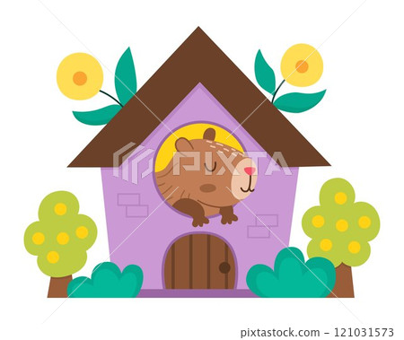 Vector capybara icon. Cute capibara sitting in little house with flowers with closed eyes. Funny happy animal illustration isolated on white background. Comic trendy guinea pig clipart Vector capybara icon. Cute capibara sitting in little house with flowers with closed eyes. Funny happy animal illustration isolated on white background. Comic trendy guinea pig clipart 121031573