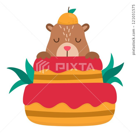 Vector capybara icon. Cute capibara sitting in tangerine cake with closed eyes. Funny happy animal illustration isolated on white background. Comic trendy guinea pig clipart 121031575