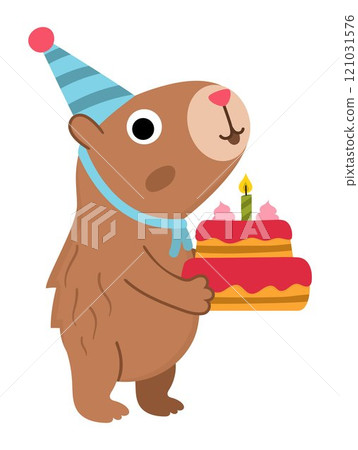 Vector capybara icon. Cute capibara in cone hat with birthday cake with candle. Funny happy animal illustration isolated on white background. Comic trendy holiday guinea pig clipart 121031576