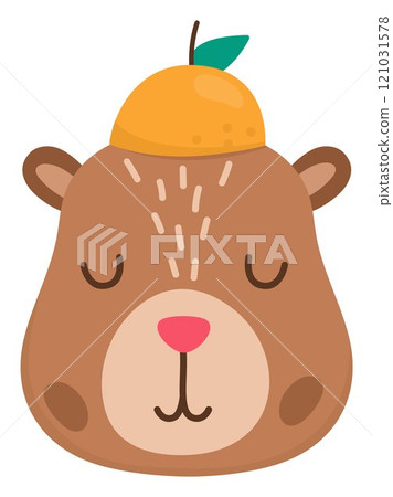 Vector capybara head icon. Cute capibara face with closed eyes and tangerine. Funny happy animal illustration isolated on white background. Comic trendy holiday guinea pig clipart 121031578