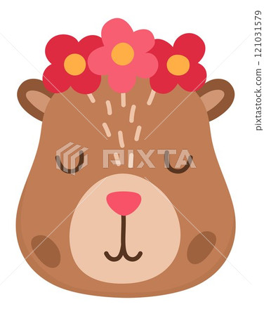 Vector capybara head icon. Cute capibara face with closed eyes and flowers. Funny happy animal illustration isolated on white background. Comic trendy holiday guinea pig clipart 121031579