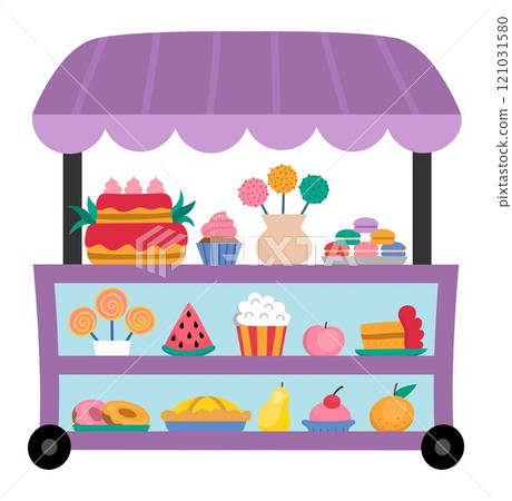 Vector rolling snack cart with wheels. Candy shop icon. Cartoon sweets stand illustration. Pastry or bakery trolley clipart. Mobile vending stall or food trailer truck with cake, doughnut, lollypop Vector rolling snack cart with wheels. Candy shop icon. Cartoon sweets stand illustration. Pastry or bakery trolley clipart. Mobile vending stall or food trailer truck with cake, doughnut, lollypop 121031580