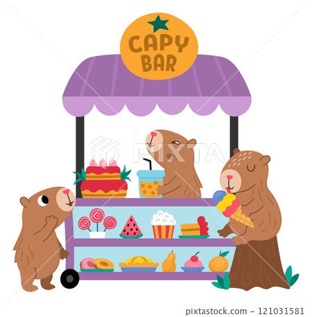 Vector capybaras sitting in rolling snack cart with wheels. Candy shop with capibaras icon. Cartoon sweets stand illustration with adorable animals. Pastry or bakery trolley clipart, capy bar Vector capybaras sitting in rolling snack cart with wheels. Candy shop with capibaras icon. Cartoon sweets stand illustration with adorable animals. Pastry or bakery trolley clipart, capy bar 121031581