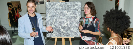 Presenting new artwork in art gallery Presenting new artwork in art gallery 121031588