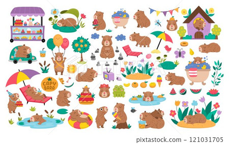 Big vector capybara set. Cute capibara animals collection with bath, fruit, reeds, birds. Funny guinea pigs meditating, sleeping, relaxing, swimming with tangerines, eating ice-cream, having fun Big vector capybara set. Cute capibara animals collection with bath, fruit, reeds, birds. Funny guinea pigs meditating, sleeping, relaxing, swimming with tangerines, eating ice-cream, having fun 121031705