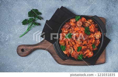 Bigos, bigus is a national Polish dish, made of cabbage and meat, stewed, homemade, no people, Bigos, bigus is a national Polish dish, made of cabbage and meat, stewed, homemade, no people, 121031835