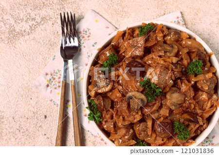 Bigos, bigus is a national Polish dish, made of cabbage and meat, stewed, homemade, no people, 121031836