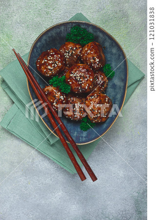 Tsukune, Japanese meatballs, minced chicken, fried on a skewer, with yakitori sauce, homemade, no people, Tsukune, Japanese meatballs, minced chicken, fried on a skewer, with yakitori sauce, homemade, no people, 121031838