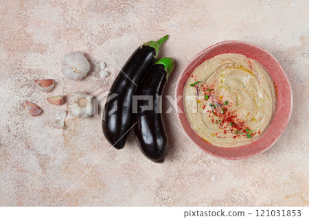 Babaganoush, eggplant appetizer, traditional Lebanese cuisine, homemade, no people, Babaganoush, eggplant appetizer, traditional Lebanese cuisine, homemade, no people, 121031853